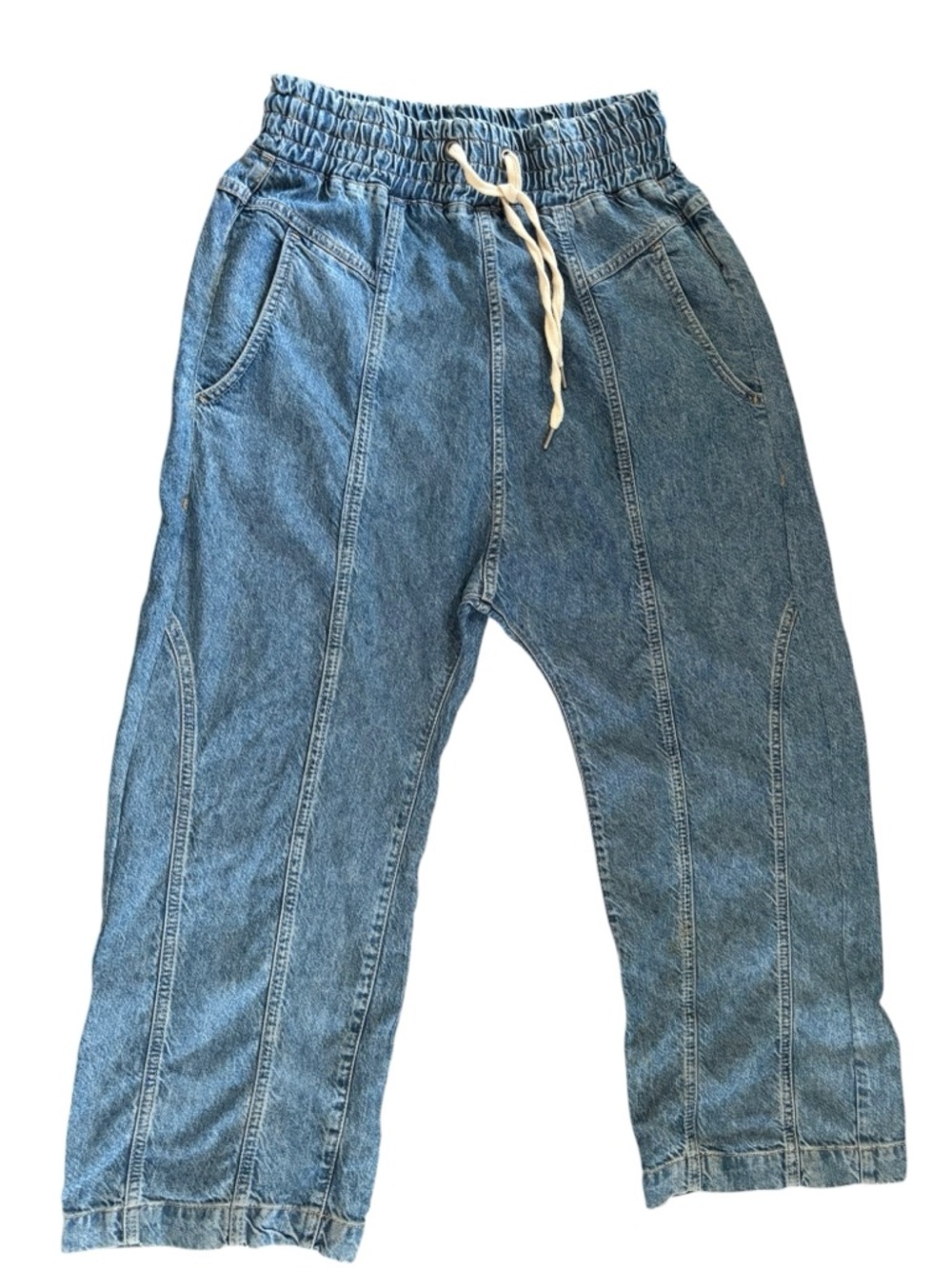 We The Free Arcadia Denim Harem Pants Jeans Blue Sz M Drawstring Relaxed Baggy